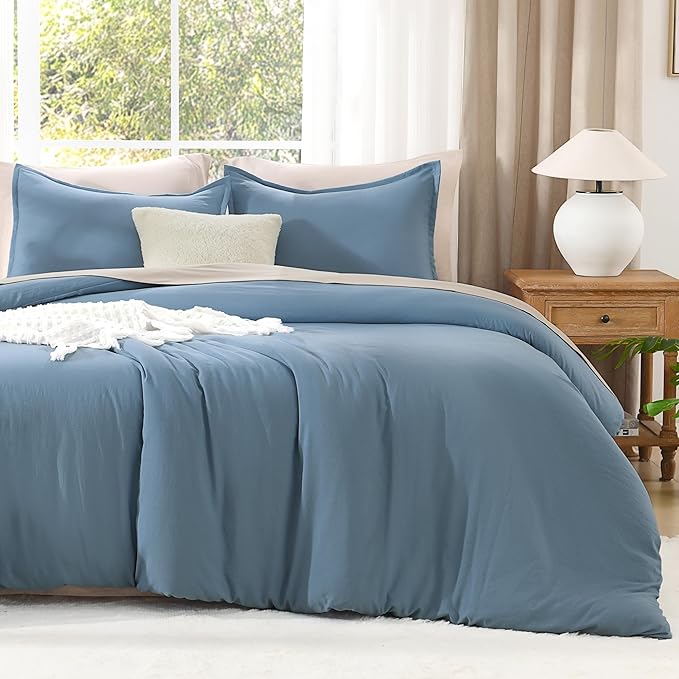 Litanika Comforters Queen Size Set Grayish Blue, 3 Pieces Lightweight Solid Bedding Comforter Set, All Season Fluffy Bed Set (90x90In Comforter & 2 Pillowcases)