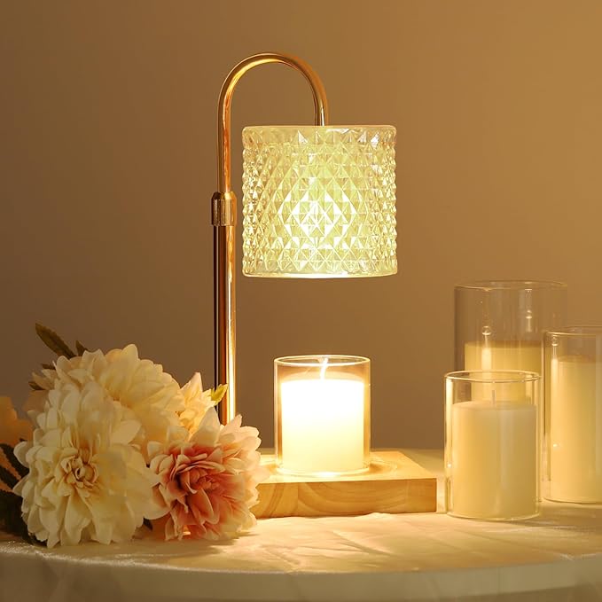 Candle Warmer Lamp, Candle Lamp Wax Warmer, Timer & Dimmer 7-Levels, Fits Cup Jar Candle, Top Melting, Crystal Heater Lamp for Scented Wax, Elegant Home Decor, Brass Glass