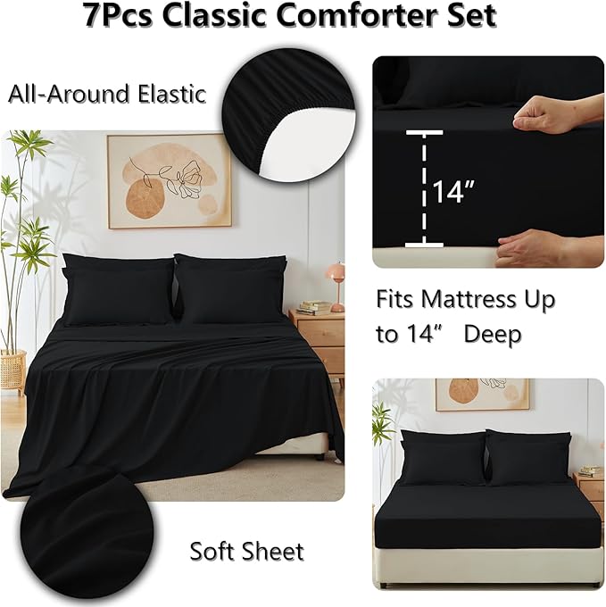 CozyLux Full Size Comforter Sets Black - 7 Pieces Bed in a Bag Full, Luxury Soft Bed Set for All Seasons, Bedding Set with Down Alternative Comforter, Sheets, Pillowcases & Shams