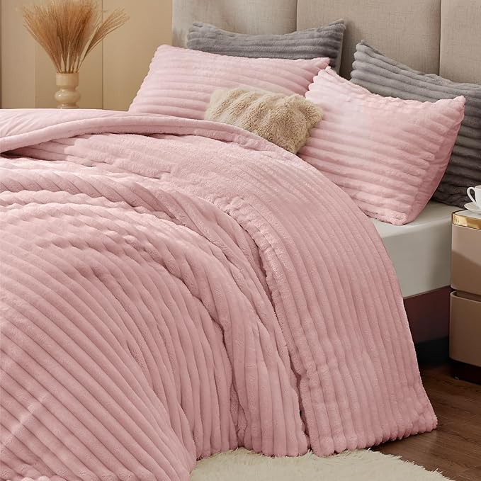 BEDELITE Fleece Queen Comforter Set -Super Soft & Warm Fluffy Pink Bedding, Luxury Fuzzy Heavy Bed Set for Winter with 2 Pillow Cases