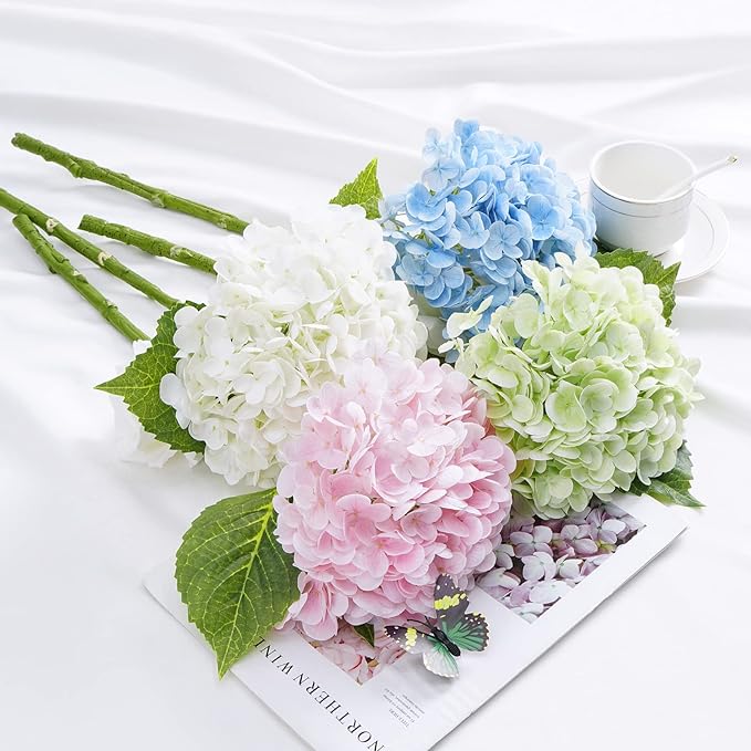 Waipfaru 21" Real Touch White Hydrangea Artificial Flowers with Long Stem & Leaves, Full Latex Faux Hydrangea Flowers for Home Party Decor Floral Arrangements Wedding Bouquets Centerpieces, 2Pcs
