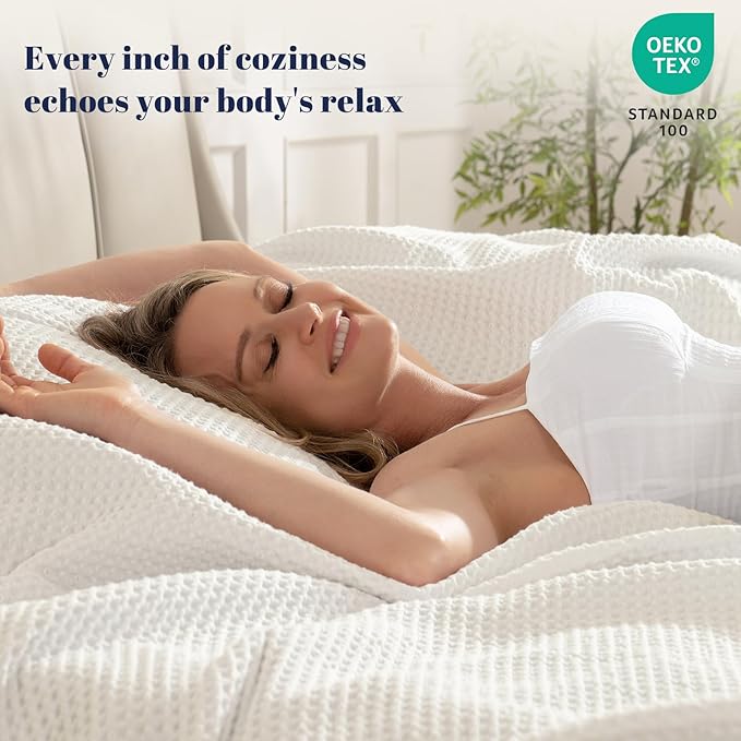 PHF 100% Cotton Waffle Weave Blanket Queen Size for Bed,Snag Proof Lightweight Breathable Moisture-Wicking Throw for Couch,Great for Layering in Cold Weather,Machine Washable, Home Decor Gift-Cream