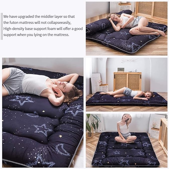 MAXYOYO Japanese Futon Mattress Floor Mattress Sleeping Pad Foldable Bed Roll Up Camping Cushion Floor Lounger Bed Couches and Sofas Couch Topper, Moon and Star, Queen Size