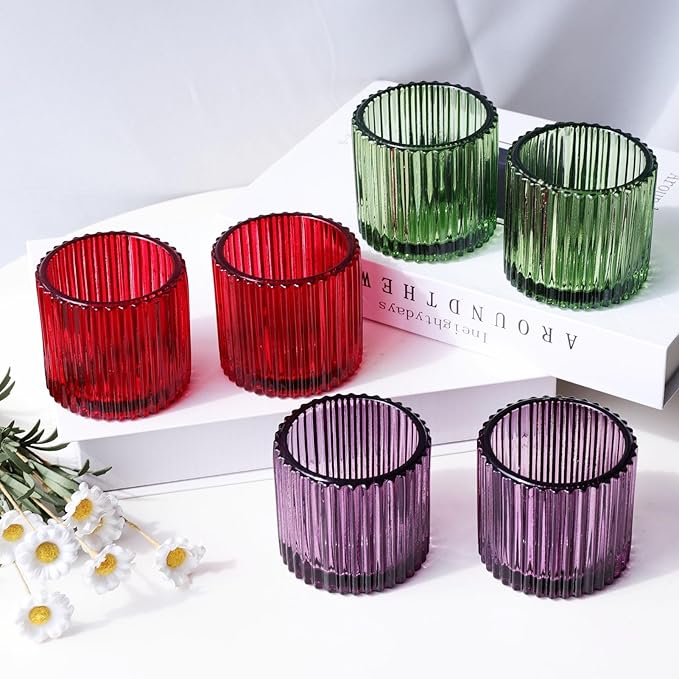 VOHO 3 Color Votive Candle Holders for Easter Decor, 6pcs Large Tealight Candle Holder for Votive Tea Lights Candles, Ribbed Tea Light Candle Holder Glass Gifts for Halloween/Thanksgiving/Christmas