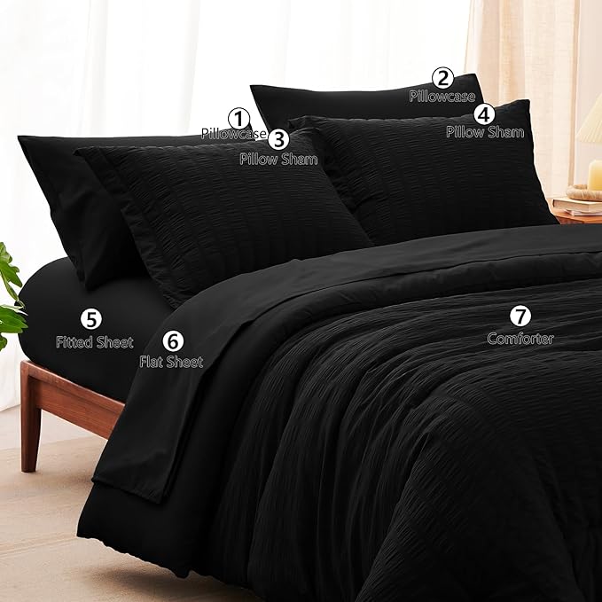 CozyLux Oversized Queen Comforter Set Black Seersucker 7 Pieces 98x98 Bed in a Bag Comforter Set with Sheets, Luxury Soft Bedding Sets with Down Alternative Comforter, Sheets, Pillowcases & Shams