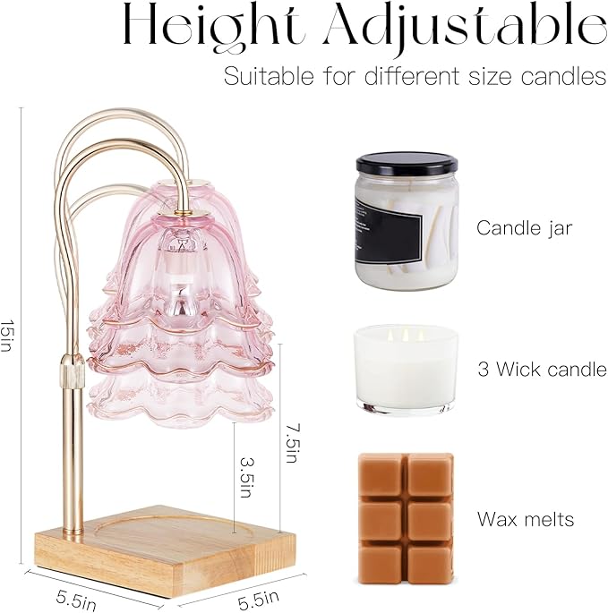 Candle Warmer Lamp with Timer: Pink Flower Candle Warming Lamp with 2 Bulbs Height Adjustable Wax Warmer Dimmable Bedroom Decor Birthday Gift for Women