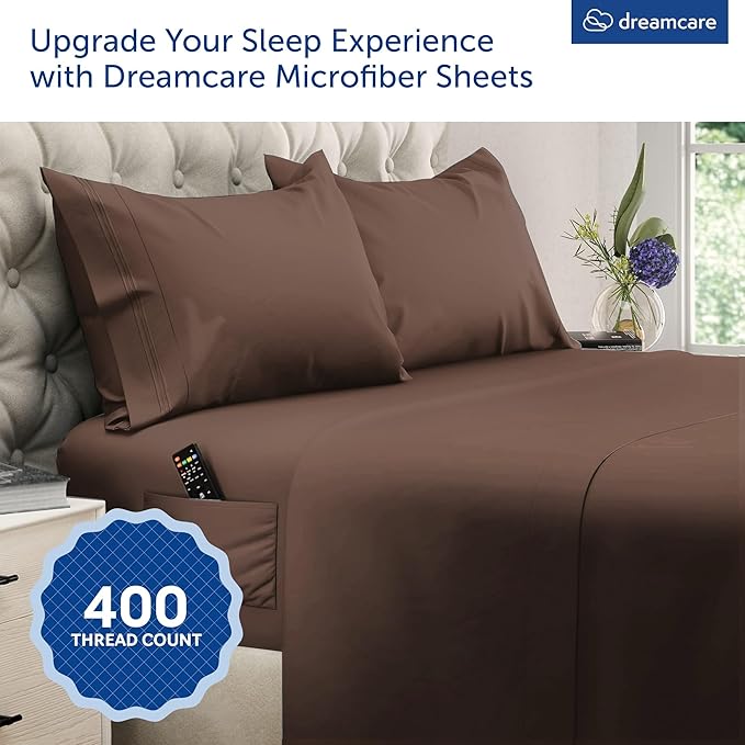 DREAMCARE Queen Size Sheets - Cooling Bed Sheets - 4pcs Set - up to 15" Deep Pocket Queen Sheet Set - Sheets Queen Size Bed - Soft & Long Lasting 100% Fine Microfiber with Side Pocket - Mocha Brown
