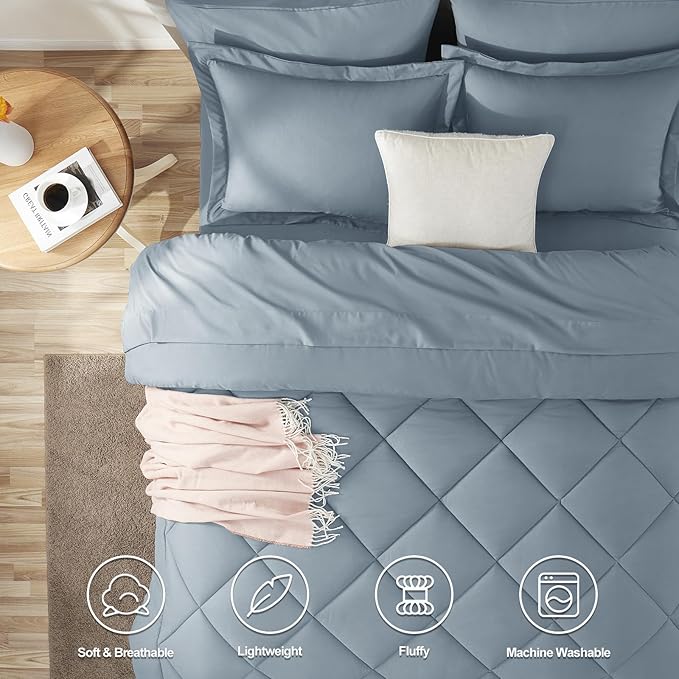 CozyLux Queen Comforter Set Dusty Blue - Bed in a Bag Queen Size 7 Pieces, Luxury Soft Bed Set for All Seasons, Bedding Set with Down Alternative Comforter, Sheets, Pillowcases & Shams, Grayish Blue