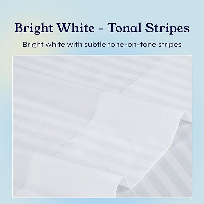 California Design Den Striped Full Size Bed Sheets Set - Soft 400 Thread Count Sateen, Natural 100% Cotton Sheets Set with Deep Pockets, Breathable, Cooling and Durable Bedding - Striped White