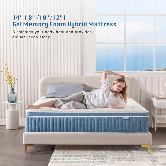 Rimensy King Mattress, 14 Inch Hybrid Mattress in a Box, Gel Foam Mattress, Individually Wrapped Pocket Coils Innerspring Mattress, Support & Pressure Relief, Medium, 76"*80"*14"