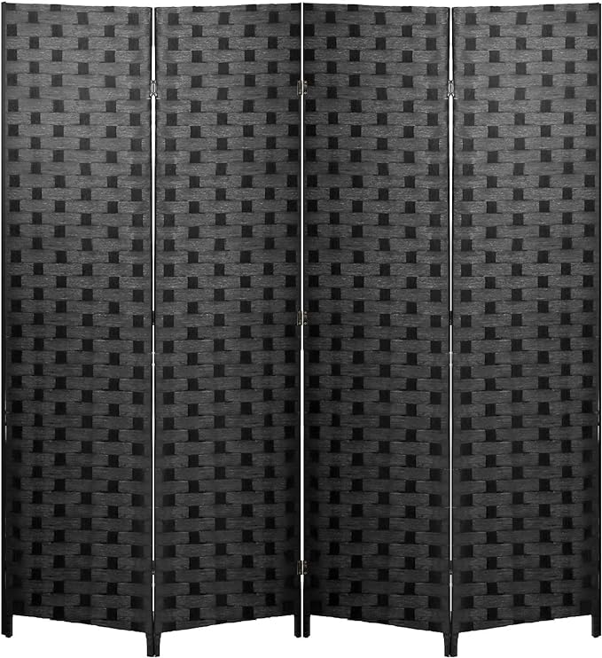 FDW Room Divider 6FT Wall Divider Wood Screen 4 Panels Wood Mesh Hand-Woven Design Room Screen Divider Indoor Folding Portable Partition Screen,Black