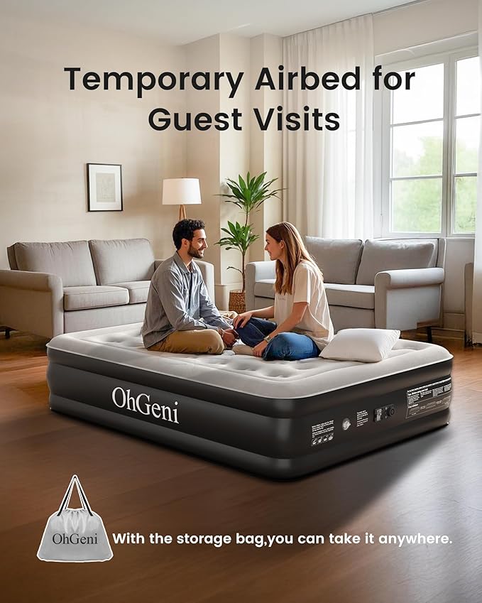 OhGeni Queen Air Mattress with Built in Pump, Inflatable Mattress Blow Up Bed 18 Raised Comfort,Upgraded Surface Portable Mattress, Air Bed for Camping, Home and Guest, Colchone Inflable, 650 lbs Max
