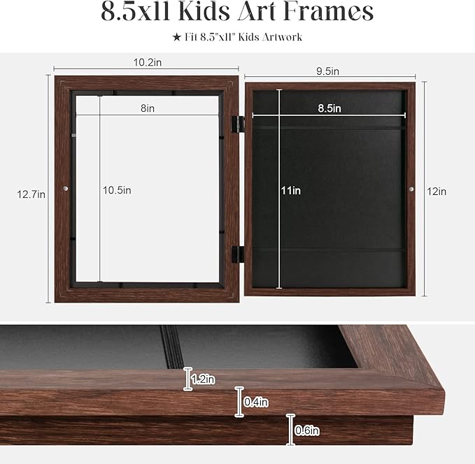 [3-Pack] Kids Art Frames, 8.5x11 Front Opening Kids Artwork Frames Changeable, Brown Artwork Display Storage Frame for Wall, Holds 50 Pcs, for 3D Picture, Crafts, Hanging Art, Portfolio