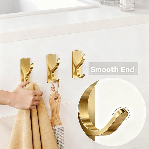 10 Pack Self Adhesive Coat Hooks for Hanging, Heavy Duty Stainless Double Wall Hook for Towel, Backpack, Hat, Sturdy Metal Hanger for Bathroom, Bedroom, Door, Wall Mounted, Brushed Gold