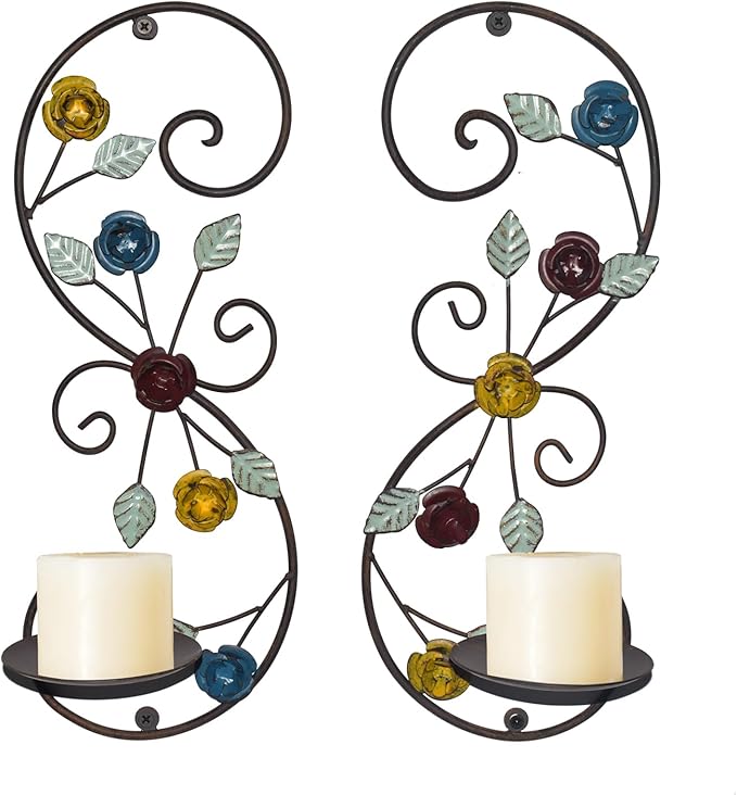 Wall Sconces Candle Holder Set of 2, Antique Multi-Color Leaf Branch Wall Mount Hanging Metal Wall Candle Holder Candle Sconce for Living Room Dining Room