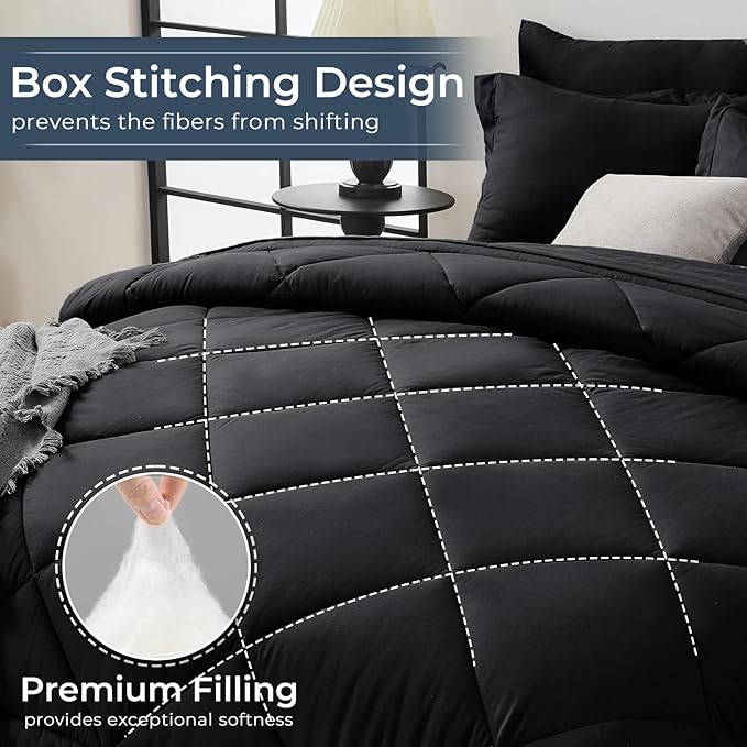 HEVUMYI Black Queen Comforter Set - 7-Piece All Season Bed in a Bag Queen, Ultra Soft Bedding Set with Comforter, Flat Sheet, Fitted Sheet, Pillowcases, Pillow Shams, Black