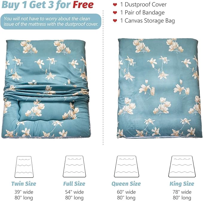 MAXYOYO Floral Printed Rustic Japanese Floor Mattress - Foldable Futon, Roll Up Camping Bed for Adults, Floor Lounger, Couches and Sofas, King Size