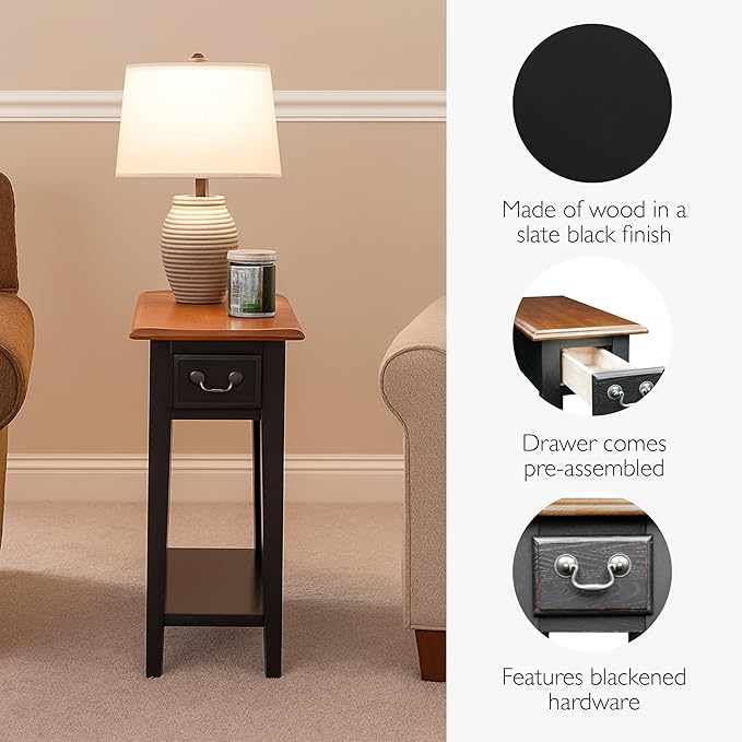 Haven Ridge Narrow Solid Wood Side Table with Drawer and Shelf, Medium Oak Brown and Slate Black, Perfect for Living Rooms, Bedrooms, and Small Spaces – Leick Home, 9017-SL