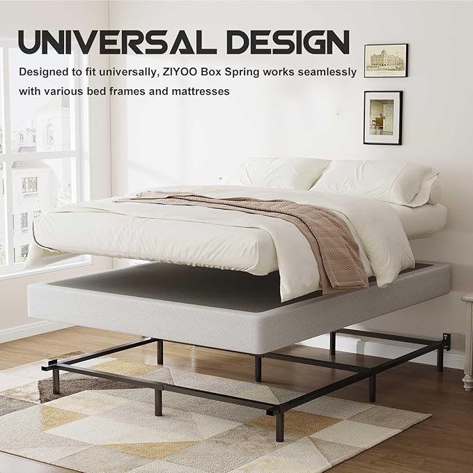 ZIYOO Box Spring Queen and Cover Set, 9 Inch High Profile Easy Assembly Mattress Foundation with Easy Clean Bed Skirt/Heavy Duty Metal Steel Structure/Quiet Noise-Free