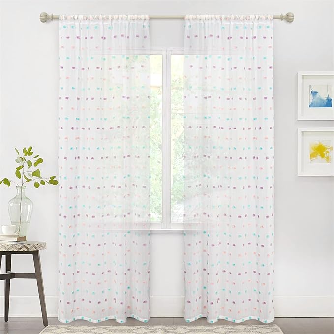 MYSKY HOME Rainbow Pom Pom Curtains for Living Room Light Filtering 84 Inch Long Bedroom Curtains for Nursery Girls Kids Room Rod Pocket Bohemian Voile Window Drapes 52 x 84 inch 2 Panels