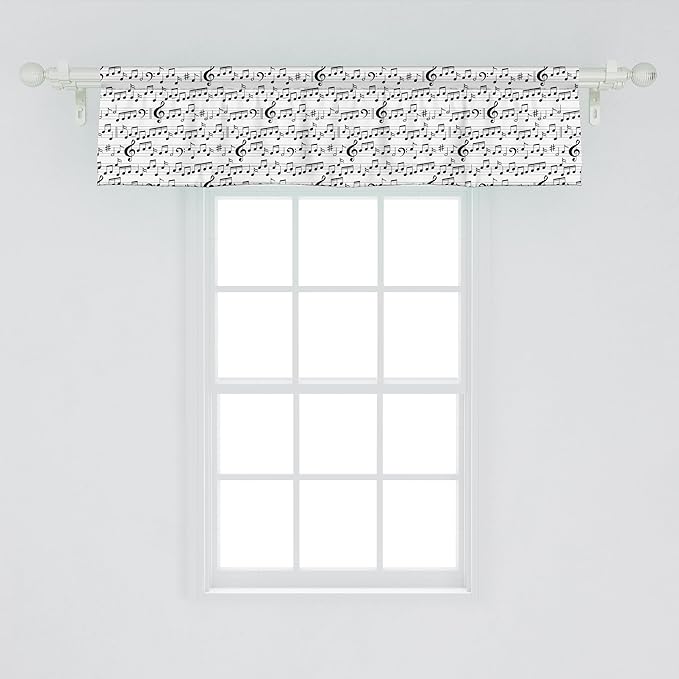 Ambesonne Music Window Valance, Abstract Style Professional Pattern Notes and Clef Sheet Play Writing Print, Curtain Valance for Kitchen Bedroom Decor with Rod Pocket, 42" x 12", Black White