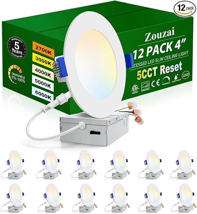 zouzai 12 Pack 4 Inch 5CCT Reset 6000k/5000k/4000k/3000k/2700k Ultra-Thin LED Recessed Ceiling Light with Junction Box, 9W Eqv 80W, Dimmable, led can Lights - ETL and Energy Star Certified