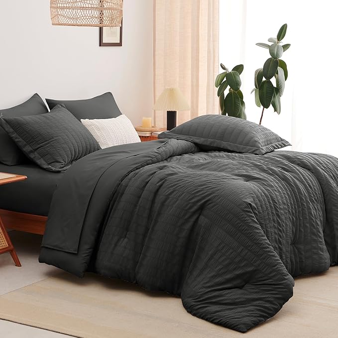 CozyLux Oversized King Comforter Set Dark Grey Seersucker 7 Pieces 120x98 Bed in a Bag Comforter Set with Sheets, Luxury Soft Bedding Sets with Down Alternative Comforter, Sheets, Pillowcases & Shams