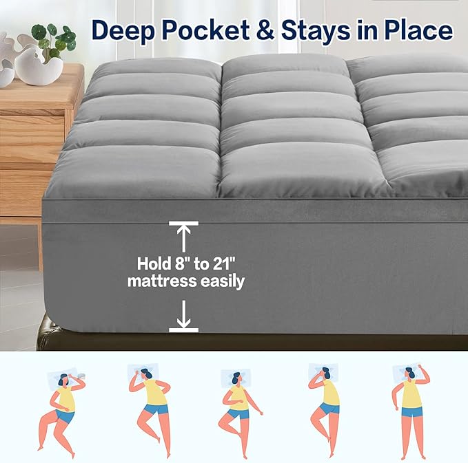 SOPAT Mattress Topper Queen Size Extra Thick Mattress Pad 8-21" Deep Pocket Soft Down Alternative Fill Mattress Protector Pillow Top Mattress Cover (60x80 Inches, Grey)