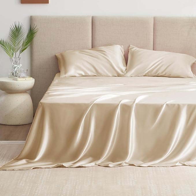 Love's cabin Satin Sheet Set, 3 Piece - Twin XL, Beige, Luxury Silky Soft Bed Linen with Deep Pockets