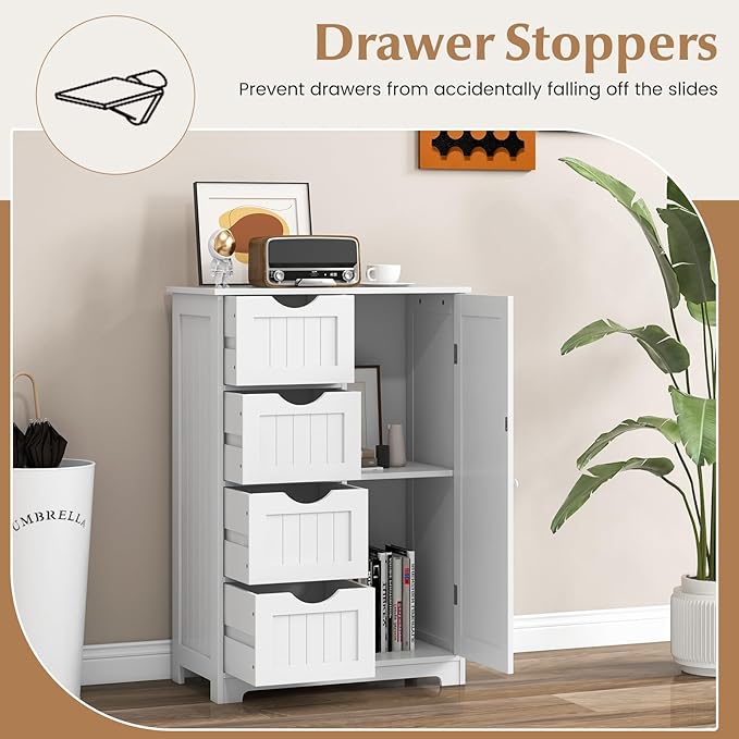 Giantex Storage Cabinet with 4 Drawers, Bathroom Storage Organizer with Cupboard, Adjustable Shelf, Anti-Toppling Device, Floor Cabinet, Entryway Storage Unit Console Table, White