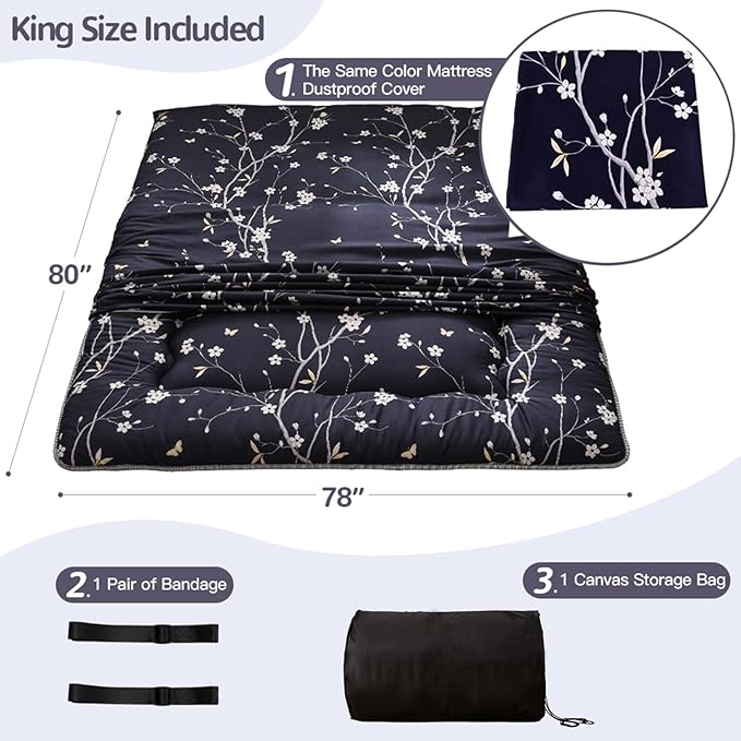 MAXYOYO Navy Floral Printed Japanese Floor Mattress Rustic Style Futon Mattress Foldable Bed Roll Up Camping Mattress Floor Lounger Bed Couches and Sofas Mattress Topper King Size
