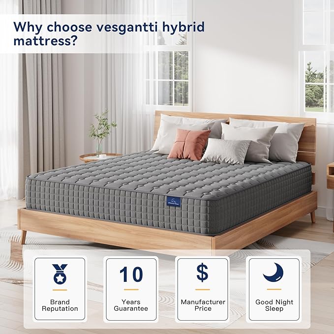 Vesgantti 8 Inch Multilayer Hybrid Twin XL Mattress - Multiple Sizes & Styles Available, Ergonomic Design with Breathable Foam and Pocket Spring, Medium Firm Feel, Grey