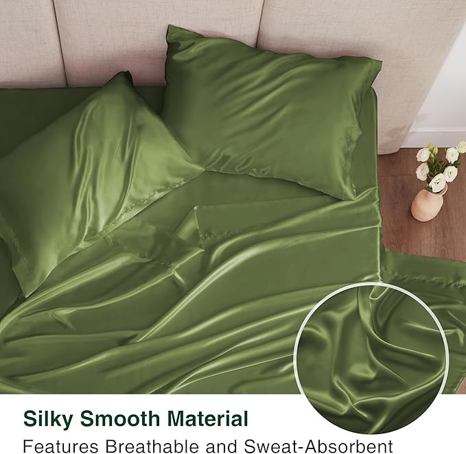 Love's cabin Twin XL Satin Sheet Sets - 3 Piece Sage Silky Bed Sheets with Deep Pockets, Luxury Silk Feel Satin Sheet Set Twin XL (1 Flat Sheet,1 Fitted Sheet,1 Pillow case)