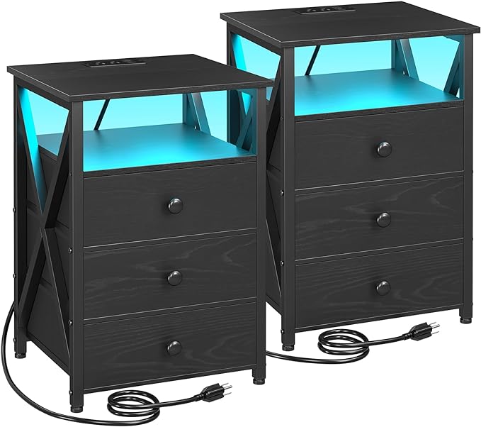 AMHANCIBLE Night Stand Set 2, LED Nightstand with Charging Station, End Side Tables with USB Port & Outlet, Bedside Table with Fabric Drawers for Bedroom Living Room, Black, HET053LBK