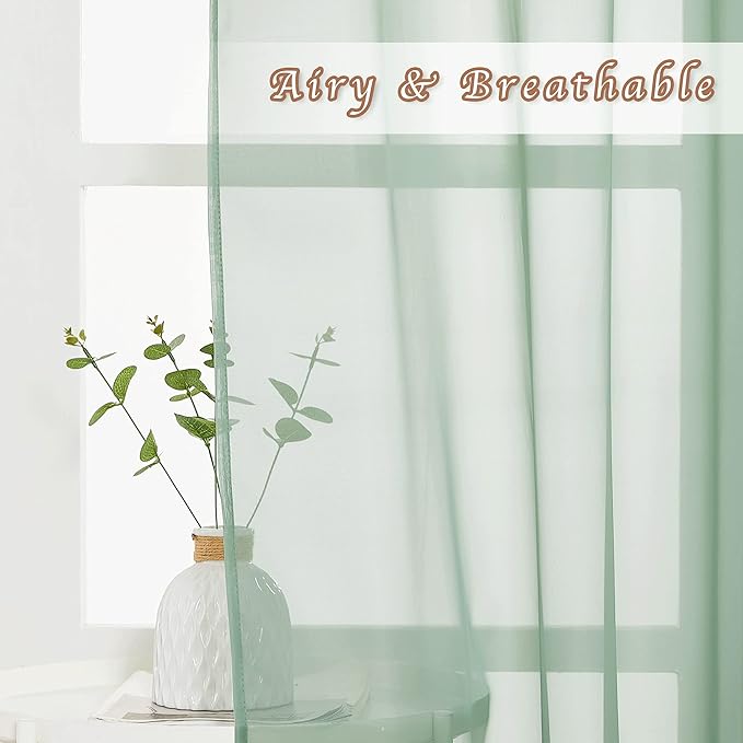 NICETOWN Sage Green Sheer Curtains 90 inch Long 2 Panels Set, Grommet Voile Sheer Textured Casual with Light Filtering Window Curtain Drapes for Bedroom/Living Room, W54 x L90