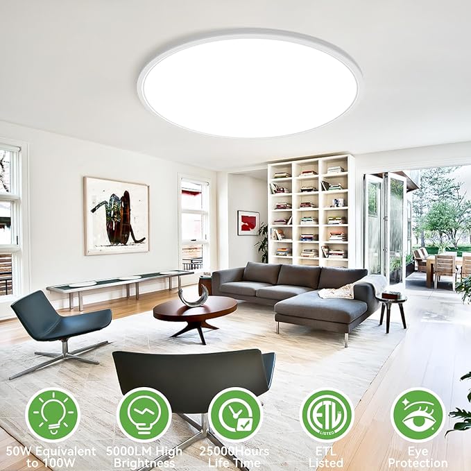 zemty 20 inch LED Flush Mount Ceiling Light, 50W 5000lm Large Light Fixture, 3 Color Temperature in One 3000k 4500k 6000K Round Modern Ceiling Lamp for Bedroom Kitchen Dining Room (White)