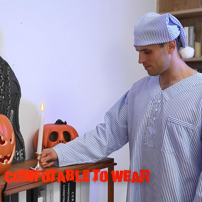Toulite 4 Pcs Men's Pajama Set Includes Men's Nightshirt Night Sleeping Cap Candle Holder and Candle for Halloween Christmas(Large)