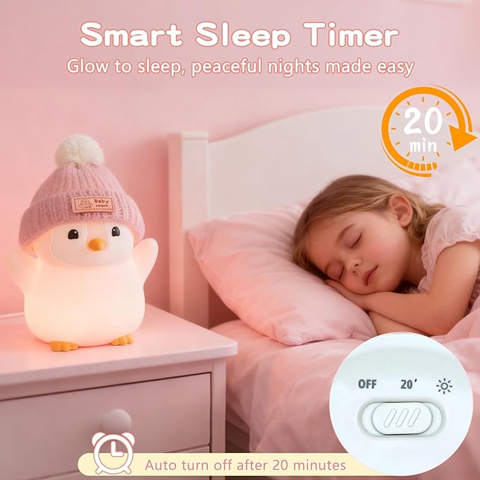 Penguin Night Light, Cute Pink Penguin Lamp with Knit Hat, Soft Silicone Nursery Nightlight for Baby, Rechargeable/Dimmable/Timer,LED Squishy Novelty Animal Bedside Lamp,Funny Gifts for Kids
