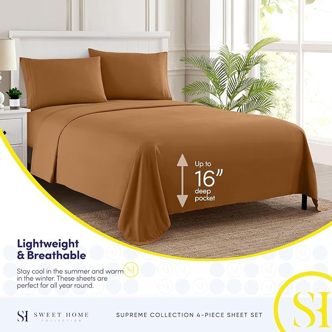 1800 Supreme Collection - Breathable Luxury Full Size Sheet Set with Full Elastic & Secure Corner Straps Built In - Extra Soft Deep Pocket Bedding, Mocha