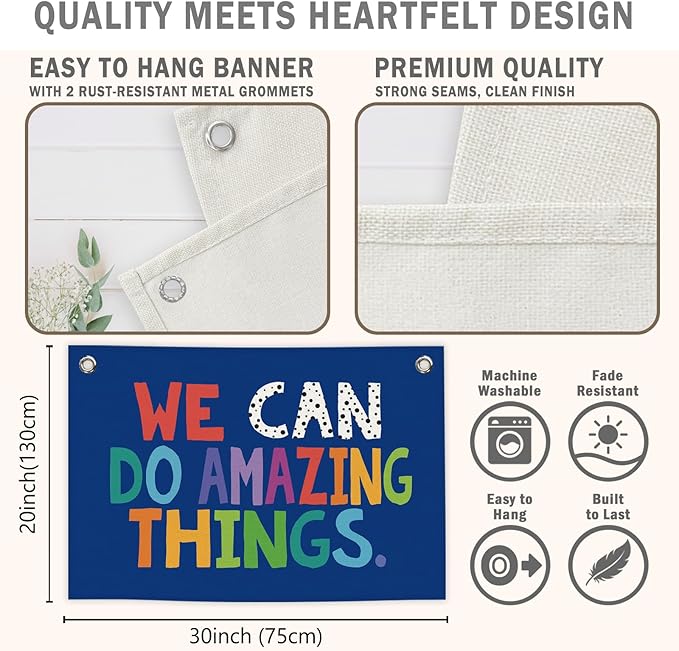 We Can Do Amazing Things Kids Banner Canvas, Classroom Blue Toddler Room Decor, Inspirational Hanging Flag Sign, Nursery Wall Tapestry Art for Playroom School Counseling Office Boy 20x30in
