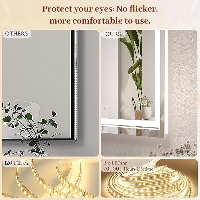 36x36 LED Mirror for Bathroom with Front and Backlit Light Up Digital Mirrors for Wall,Anti Fog,Stepless Dimmable,Tempered Silver Glass Smart Vanity Mirror for Bathroom