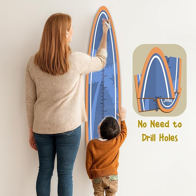 Personalized Growth Chart for Wall, Wooden Height Chart for Kids, Cute Height Measurement for Child/Girls/Boys, Baby and Toddler's Playroom/Kid's Room/Nursery Decor, Surfboard