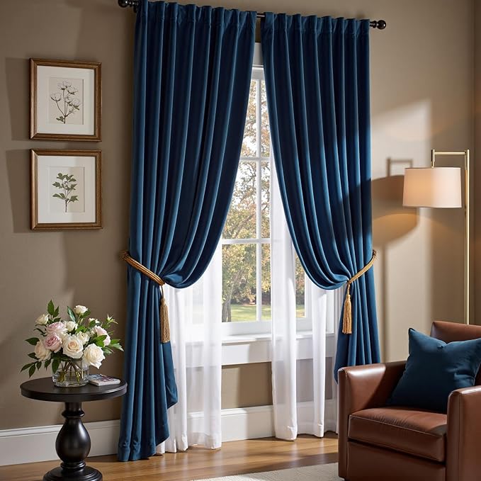 Lazzzy Velvet Blackout Curtains Thermal Insulated Room Window Drapes Super Soft Luxury Curtains for Living Room Bedroom Rod Pocket 2 Panels, Dark Blue, 52" W x 96" L
