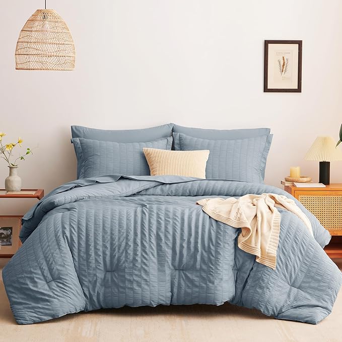 CozyLux Grayish Blue King Size Comforter Set Seersucker 7 Pieces Dusty Blue Bed in a Bag King Comforter Set with Sheets, Luxury Bedding Set with Down Alternative Comforter, Sheets, Pillowcases & Shams