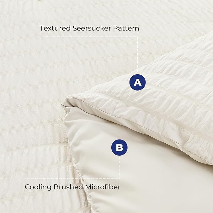 HYMOKEGE Ivory California King Comforter Set Seersucker 7 Pieces, All Season Luxury Bed in a Bag for Bedroom, Bedding Set with Comforters, Sheets, Pillowcases & Shams
