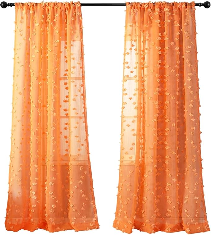MYSKY HOME Pom Pom Orange Sheer Curtains for Bedroom Girls Room Curtains for Nursery Kids Light Filtering Boho Window Drapes, Rod Pocket, 52 x 95 Inches, 2 Panels
