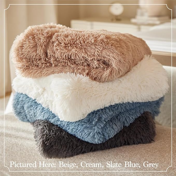 The Connecticut Home Co Throw Blanket Soft Fluffy Room Decor, Cozy Warm Throws for Bed, Couch, Gifts for Women, Bedroom Cute Aesthetic Blankets Shag and Sherpa, 65x50, White