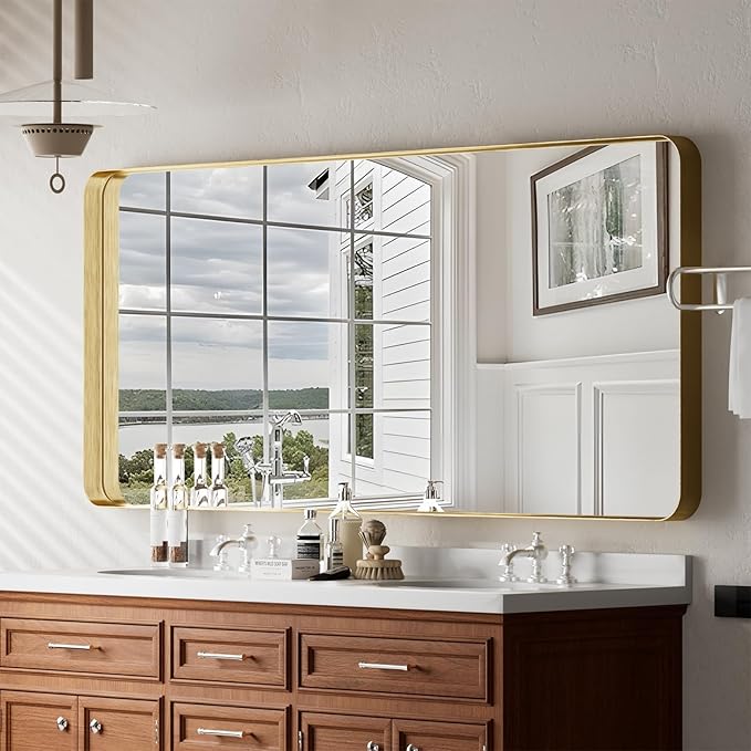 VooBang Bathroom Mirror 30x48 inch, Gold Gorgeous Deep Frame Wall Mirror, Modern Round Corner Bathroom Vanity Mirror for Bedroom, Living Room, Hanging or Leaning Horizontal or Vertical, Gold