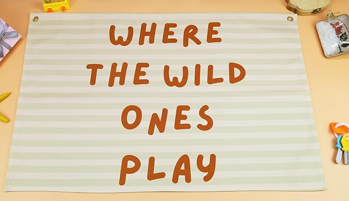 Playroom Rectangular Canvas Banner-Flag Wall Sign Decor for Kids Teen,Playroom Nursery Baby Room Bedroom Living Room Wall Decor-Where the Wild Ones Play-Baby Shower Birthday Christmas Gift