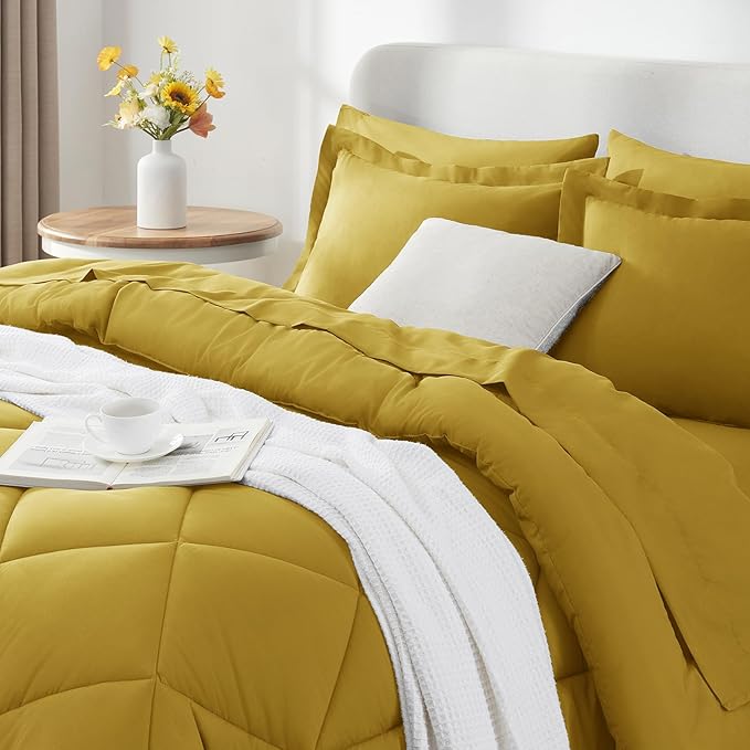 CozyLux Queen Comforter Set Mustard Yellow - Bed in a Bag Queen Size 7 Pieces, Luxury Soft Bed Set for All Seasons, Bedding Set with Down Alternative Comforter, Sheets, Pillowcases & Shams